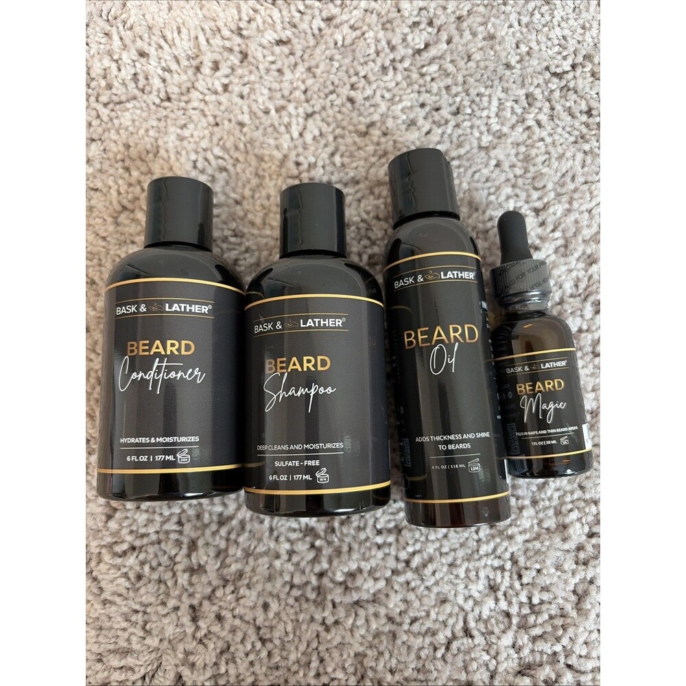 Bask & Lather Men's 4pc Beard Care Growth Kit Set: Shampoo Oil Magic Serum NEW